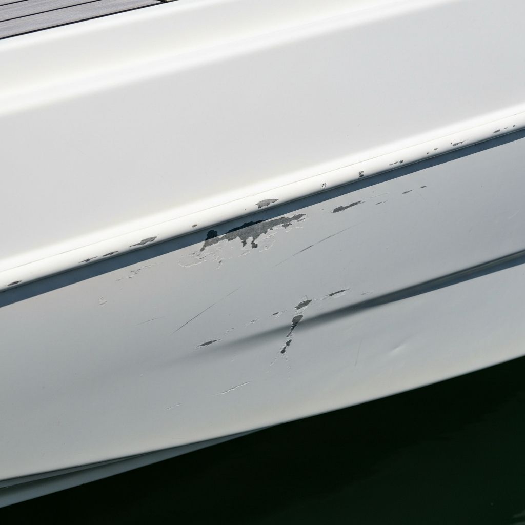 Before: boat hull showing dock rash damage and scratches